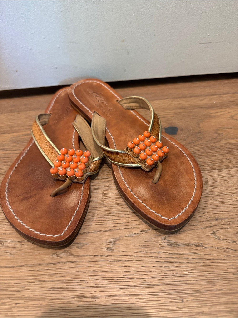 Skemo Tan Leather Beaded Thong Sandals with Gold and Orange Accents